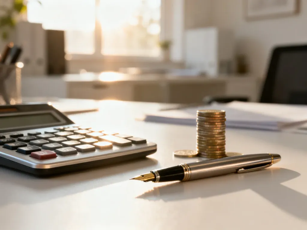 Nowoczesne biurko z kalkulatorem i monetami, symbolizujące planowanie finansów i obliczanie wynagrodzenia.
