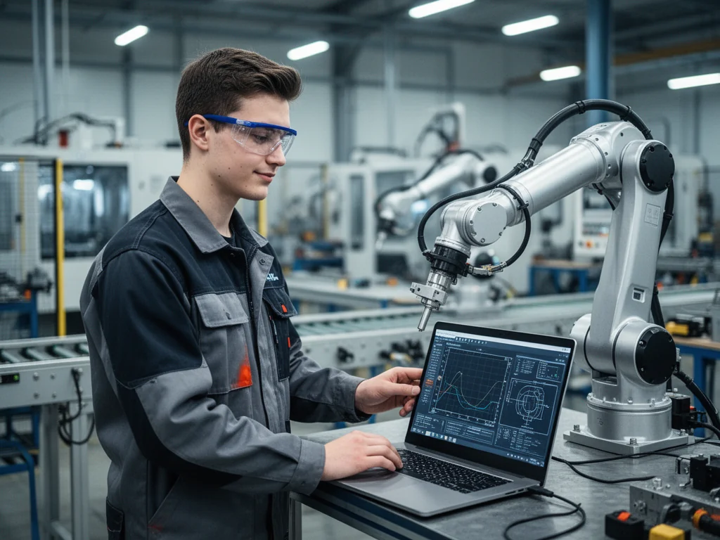 Młody mechatronik reguluje ramię robota w nowoczesnym warsztacie, ilustrując pracę i kompetencje wpływające na zarobki.