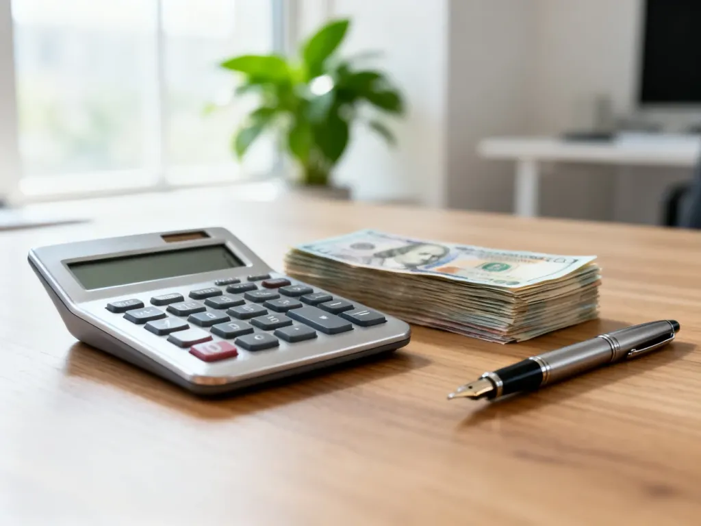 Kalkulator, banknoty i pióro na biurku, symbolizujące planowanie finansów i obliczanie wynagrodzenia netto.