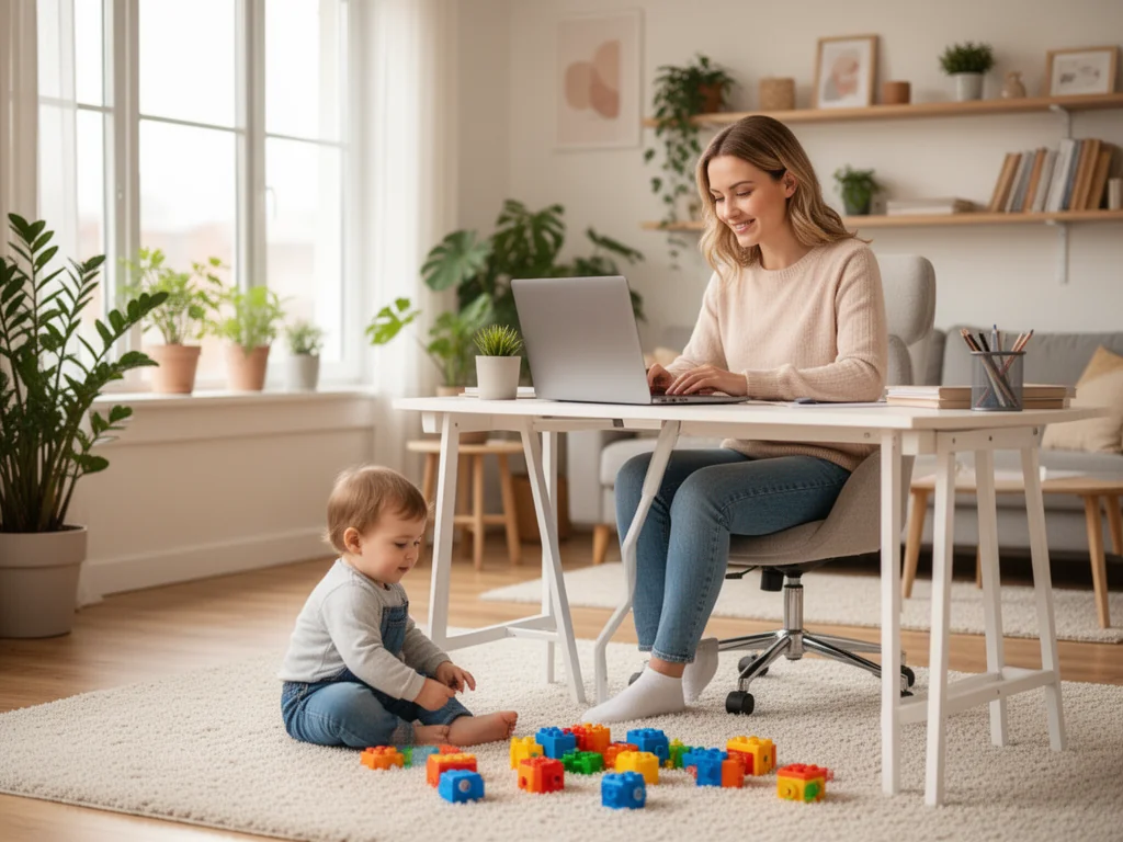 Mama pracująca przy laptopie w domowym biurze, obok bawi się małe dziecko – obraz łączenia pracy z opieką nad maluchem.