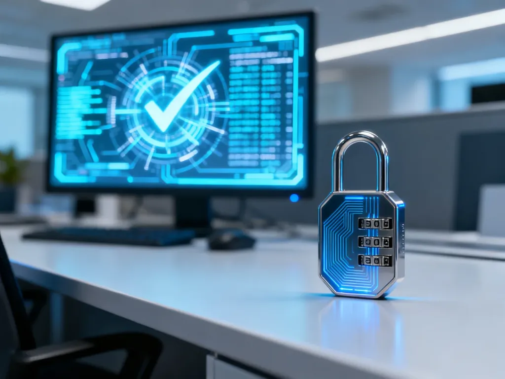 Token bezpieczeństwa na biurku na tle ekranu z cyfrowym interfejsem weryfikacji podpisu elektronicznego.