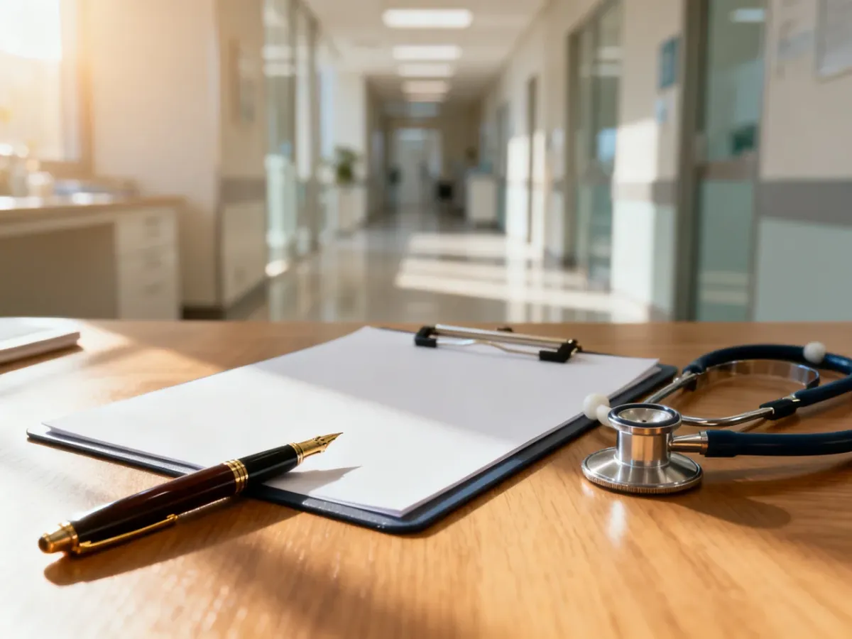 Biurko lekarskie ze stetoskopem i dokumentami w tle nowoczesnej kliniki, symbolizujące proces uzyskiwania zwolnienia.