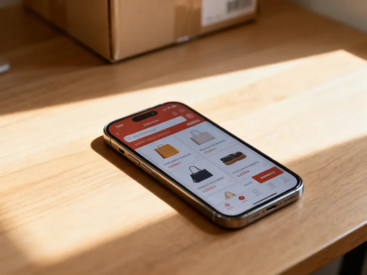 Smartfon z otwartą aplikacją zakupową na drewnianym biurku obok kartonowego pudełka, symbolizujący zakupy online.